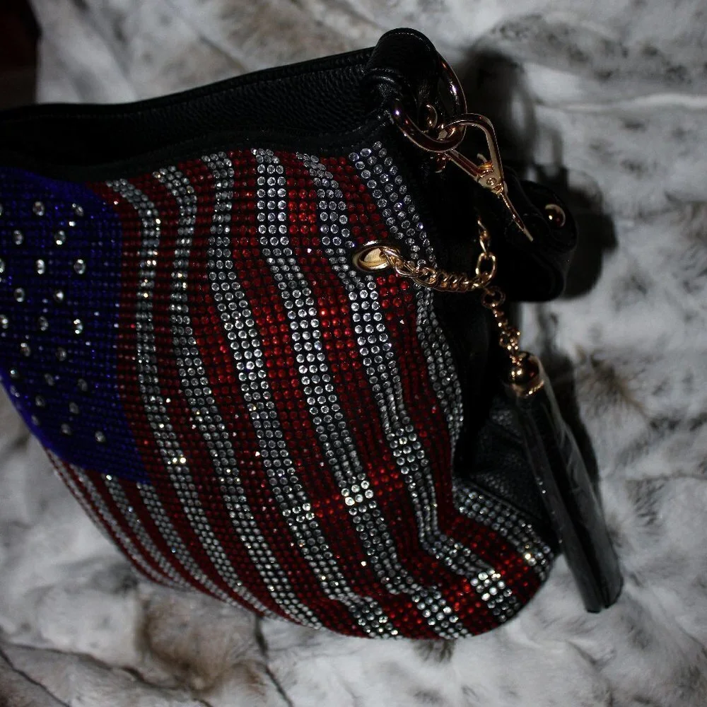 American Flag Red White Blue Rhinestone Bling Black Hobo Crossbody Shoulder Bag